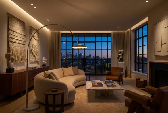 An elegant living room with a cityscape at dusk