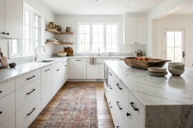 Bright kitchen with marble countertops and rustic wooden accents