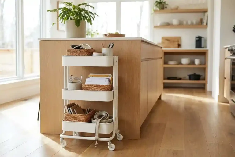 mobile-kitchen-cart-with-baskets-and-organized-items-next-to-island
